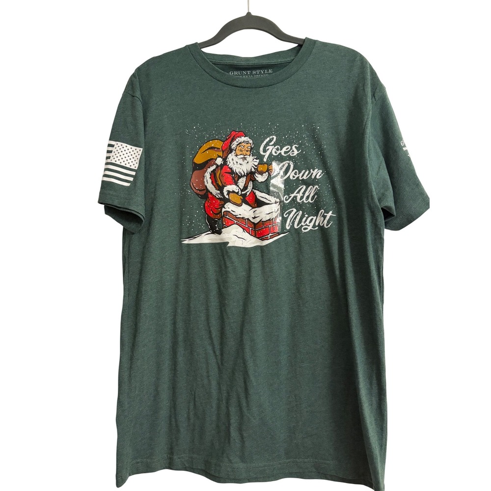 New Grunt Style Graphic Tee L Green Christmas, Santa, Funny, Patriotic, Veteran